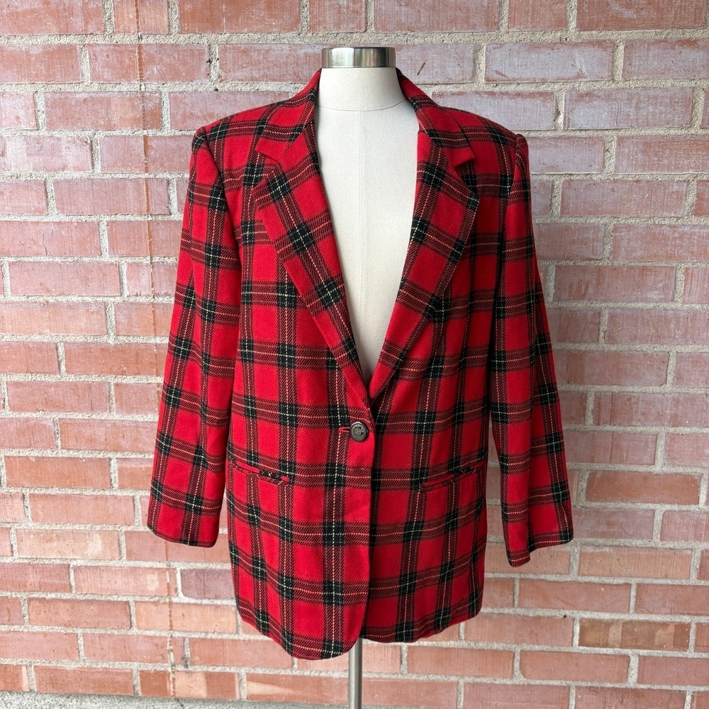 Prophecy by Sag Harbor Plaid Blazer Women's 12 Red Wool Blend‎ Single Button